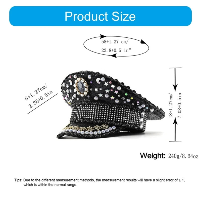 652F Bridal Captain Hat Jeweled Rhinestones for Women Bride Hat Sparkling Sequins Eye-catching Po Props 250513