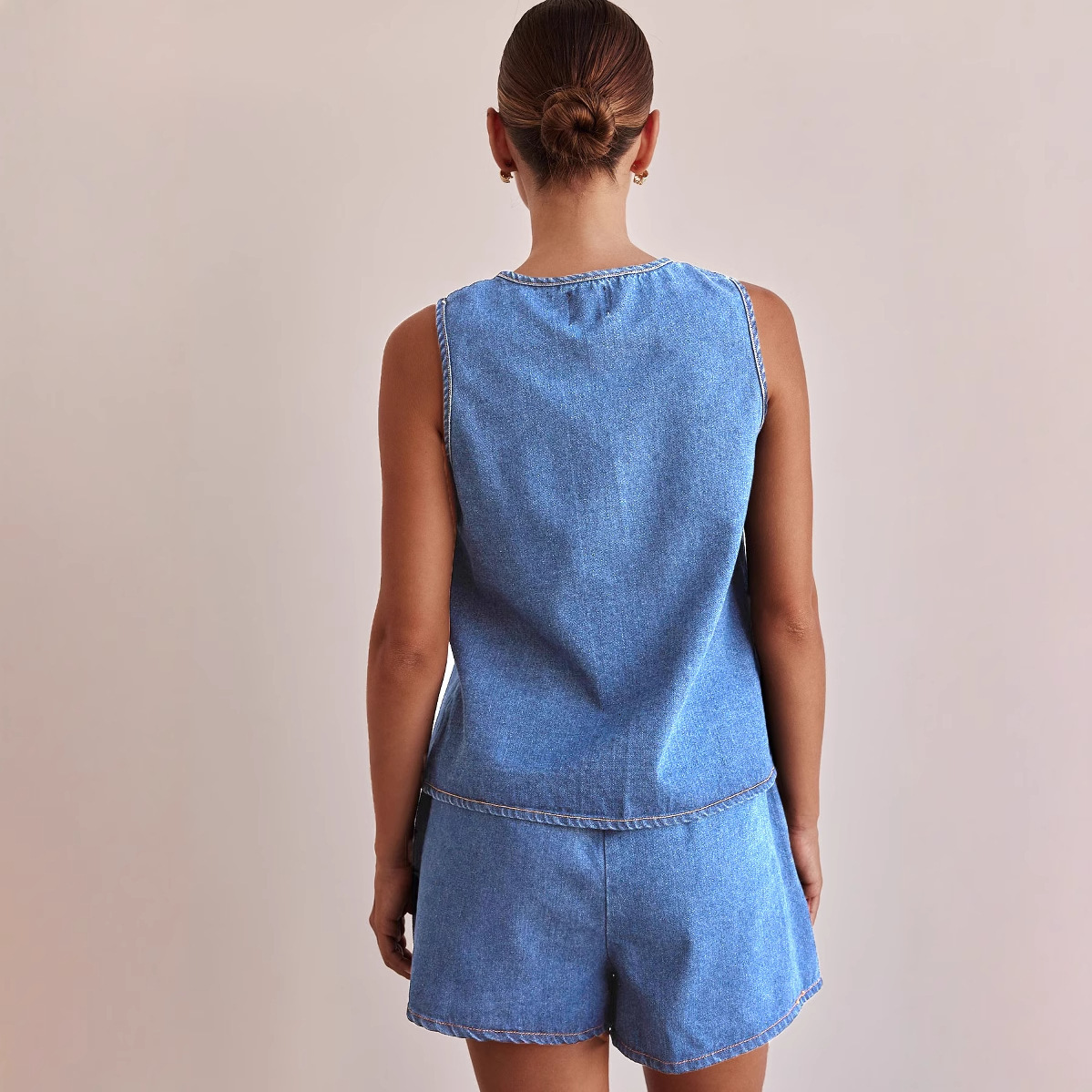 Summer fashion casual sleeveless lace up high waisted womens vest denim suit shorts