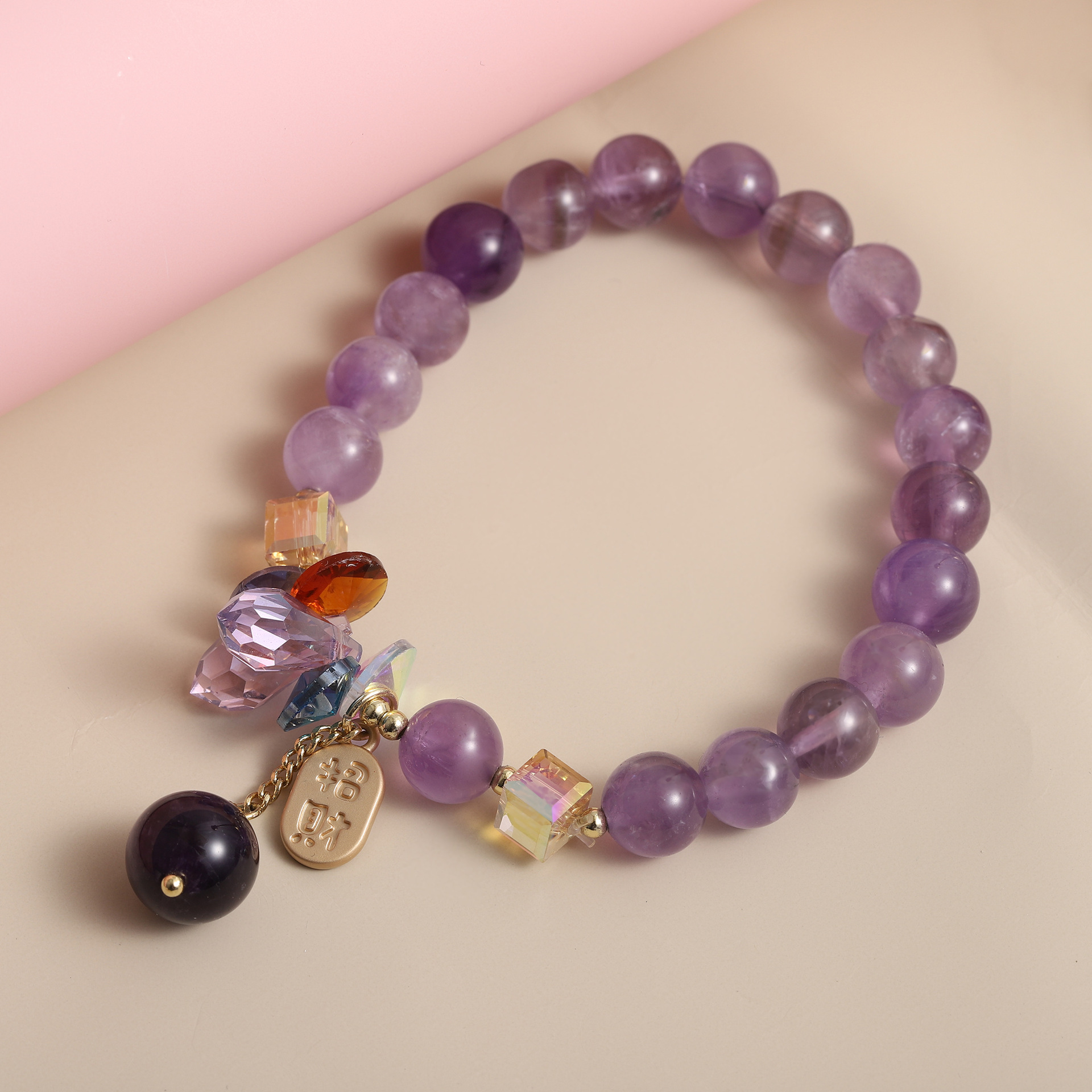 Straight fashion colored amethyst women's bead bracelet temperament Korean style sand gold crystal pendant