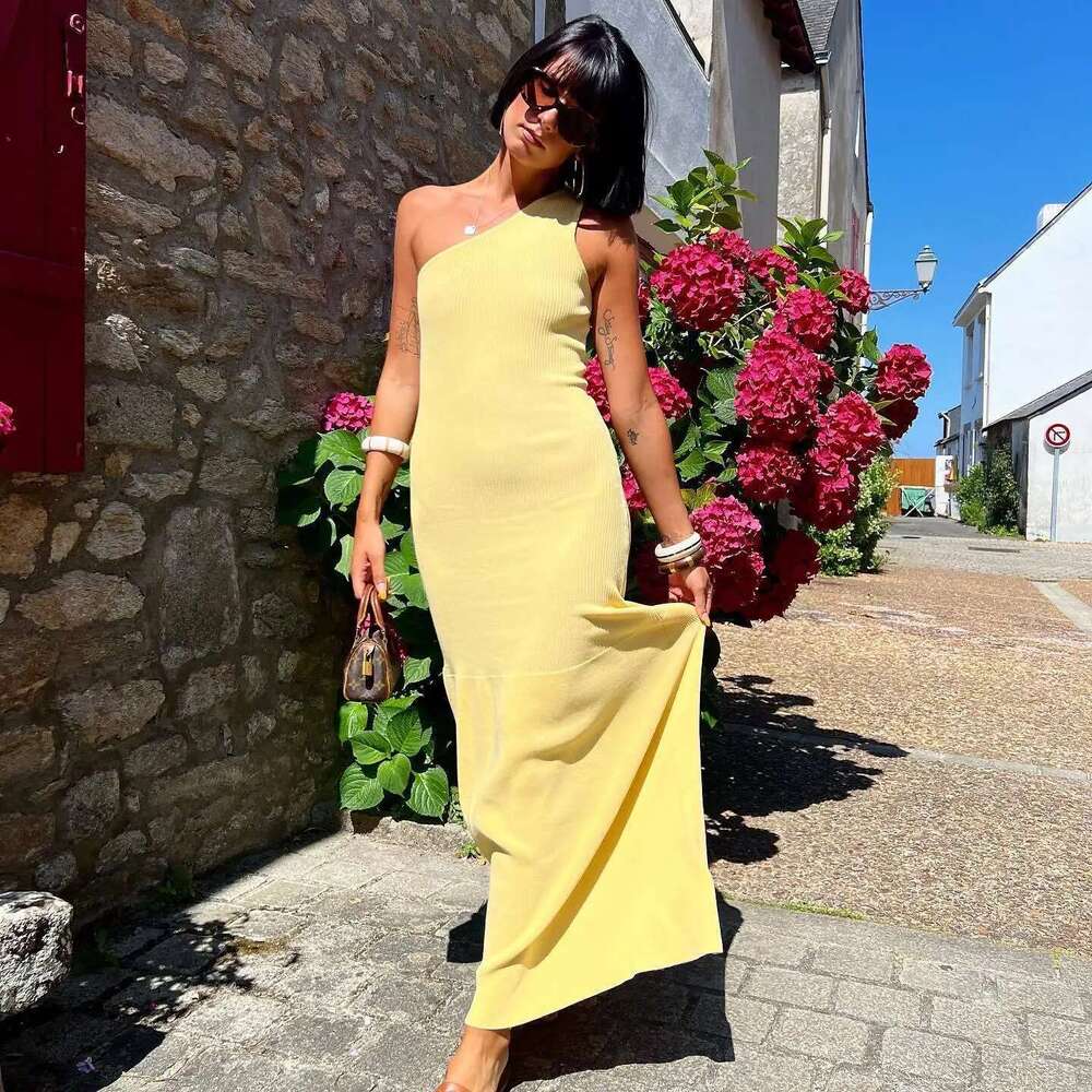 Cryptographic Asymmetric Elegant Sleeveless Knit Maxi Dress for Women Autumn Outfits Draped Vacation Dresses Solid Vestido