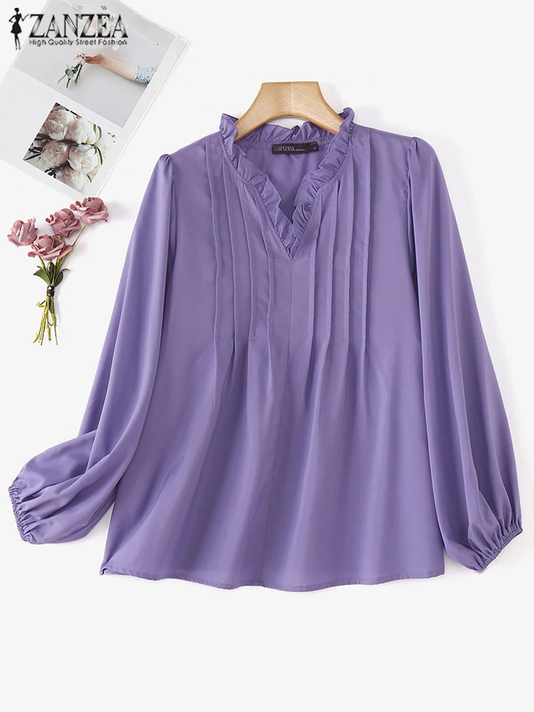 ZANZEA Women OL Blouse Fashion Long Puff Sleeve Shirts Ruffled Stitching Neck Tops Vintage Pleating Tunic Holiday Solid Top 250514