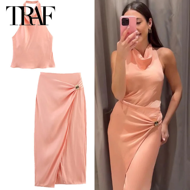 TRAF Satin Skirt Set Elegant Womens Sets Backless Halter Top Woman 2 Piece Outfit Fashion Midi High Waist Wrap Suits 250514
