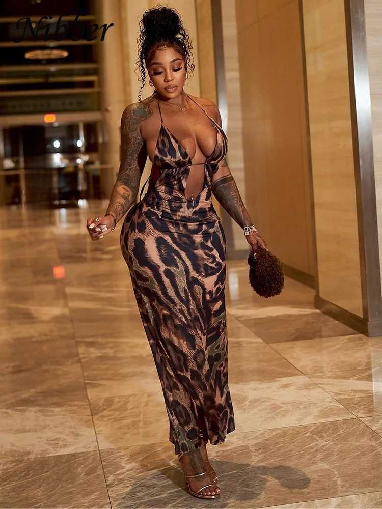 Nibber Leopard Print Dress Women Summer Backless Skinny Elastic Halter Coquette Midnight Skinny Elastic Club Dresses BodyconXJ250514