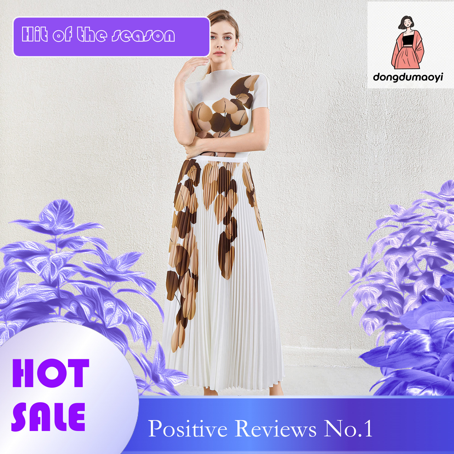dongdumaoyi Fashionable printed pleated top, long T-shirt summer new style, three bedroom half skirt, two-piece set, women's clothing