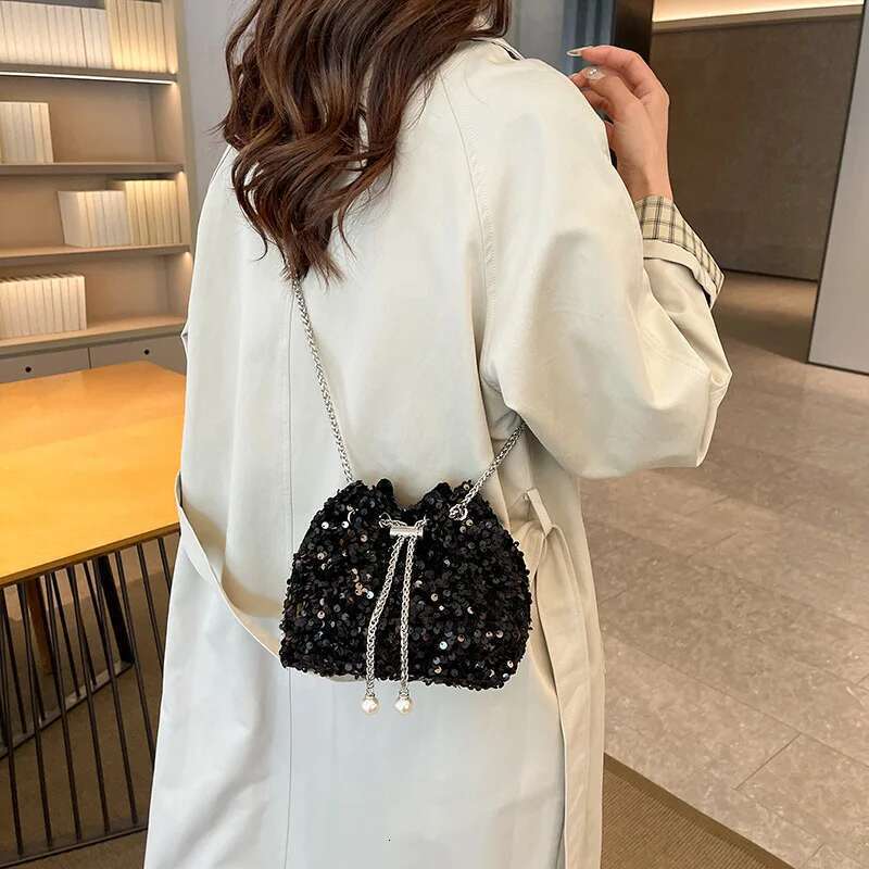 New Evening 2025 Fashion Sequin Bucket Bag Crossbody Bags for Women PU Black Sier Purse and Handbags