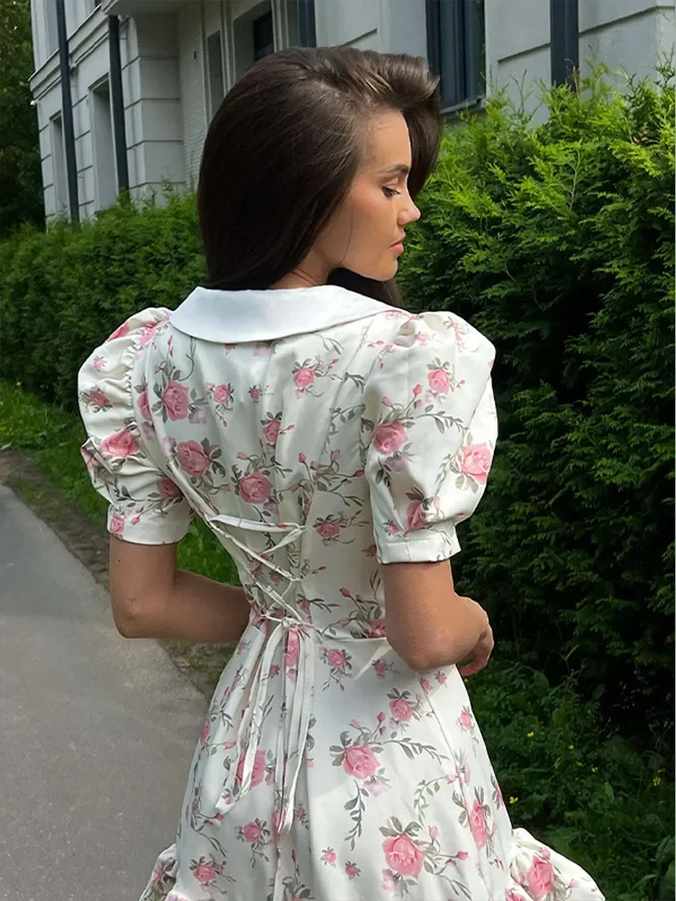 Flower Printed Lapel Mini Dress Women Casual Daily Short Sleeved V Neck Aline Fluffy Vestido Summer Holiday Robe 250514