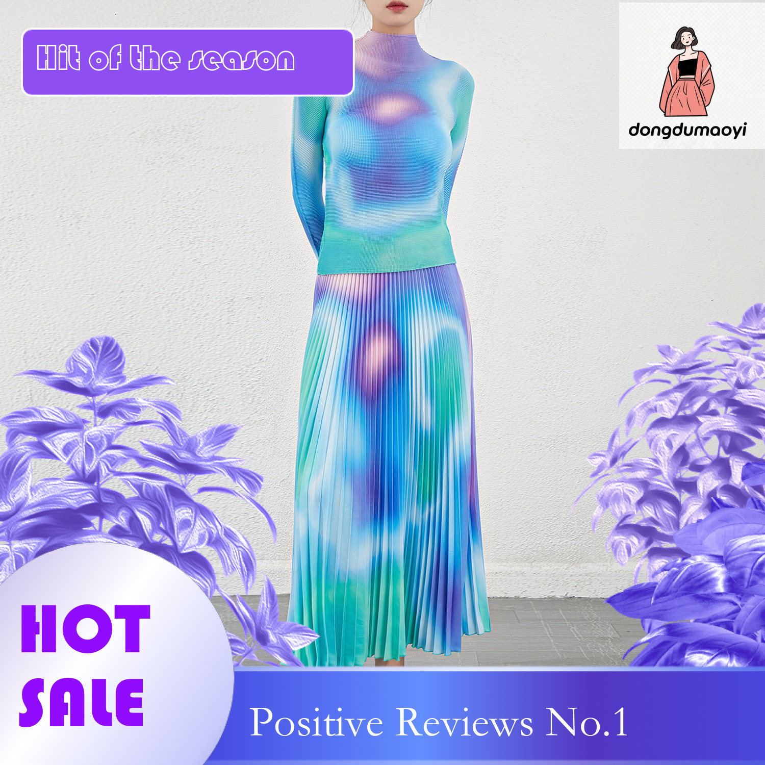 dongdumaoyi Miyake printed semi high neck T-shirt for women's autumn outfit, high-end and fashionable half skirt base two-piece set