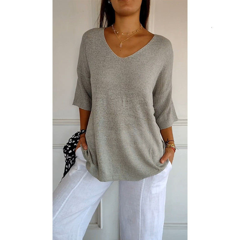 Knitted sweater casual sweater basic style slimming V-neck seven quarter sleeve solid color knitted sweater womens base shirt 250514