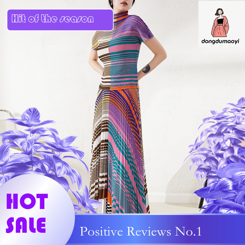 dongdumaoyi Summer pleated chiffon printed small shirt 2025 new women's fashion short sleeved top western-style set