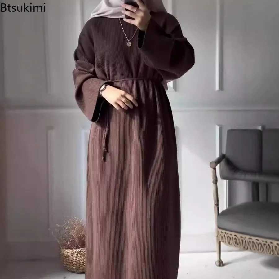 New Eid Muslim Women Knitting Dress Sashes Ramadan Morocco Autumn Winter Abayas Kaftan Sweater Vestidos Jalabiya Dubai Long Robe X250514