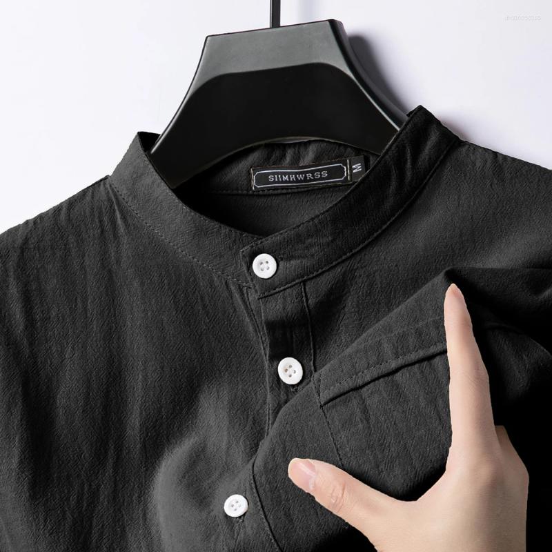 Mens T Shirts Summer Stand Up Collar Solid Color Short Sleeve Linen Shirt Trendy Breathable Loose Lightweight Basic Pocket Top