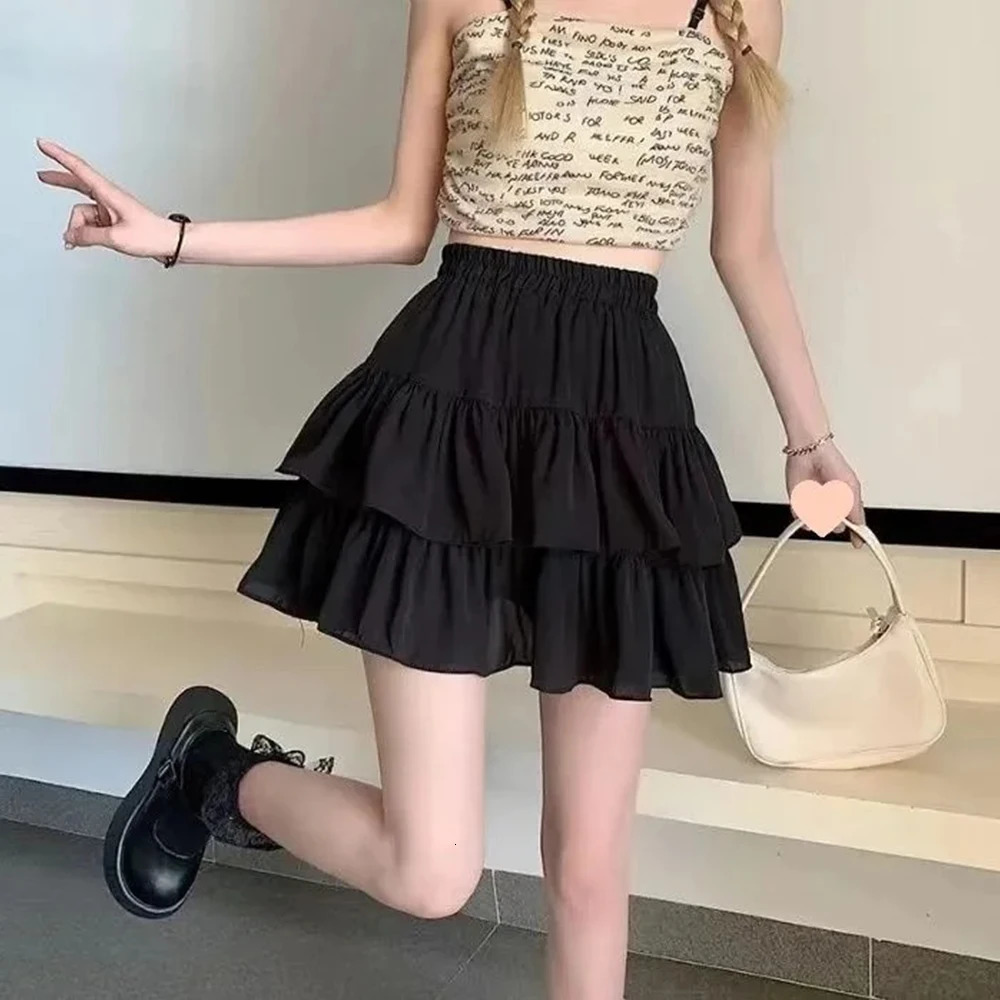 Pleated Aline Skirt White Women Ruffles Sweet tie Preppy Style Elastic Waist Slim Thin SimpleCasual Summer Wholesale 250514