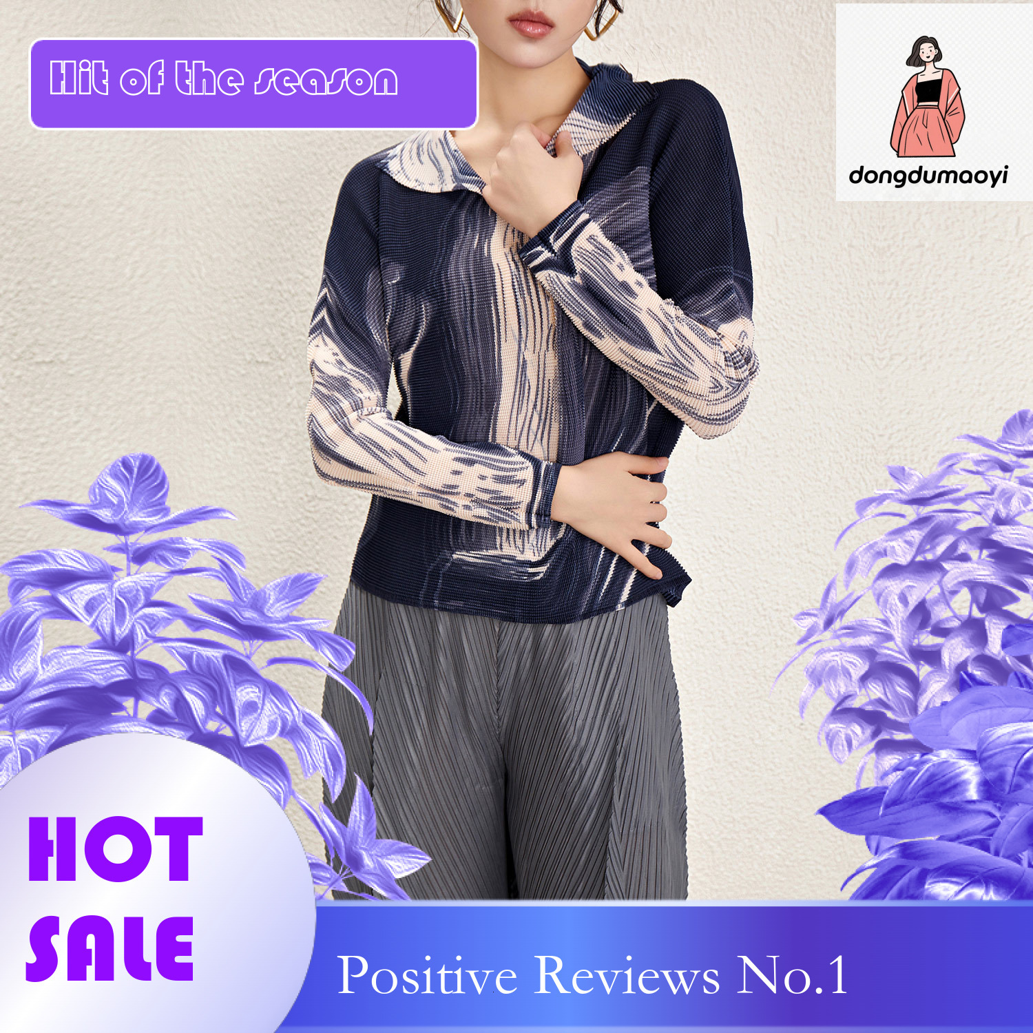 dongdumaoyi Miyake printed top 2024 spring women's clothing new pleated commuting loose casual slimming long sleeved T-shirt