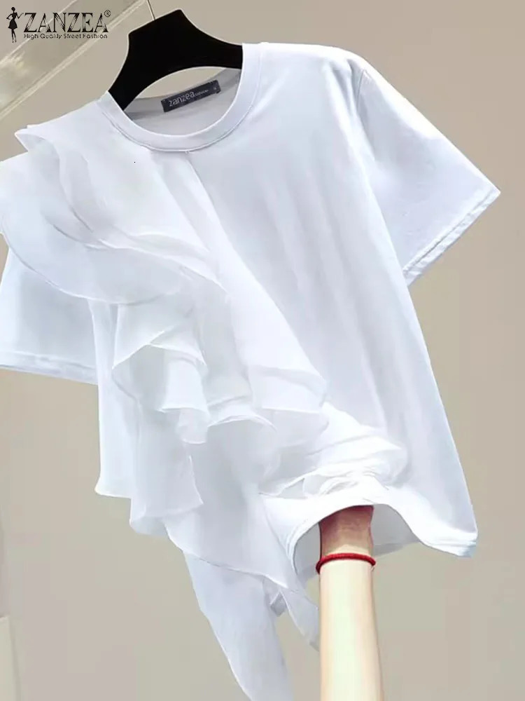 ZANZEA Women Ruffled Stitching Blouse Fashion Holiday Oneck Tops Summer Short Sleeve Tunics Casual Loose Solid Blusa Femme 250514
