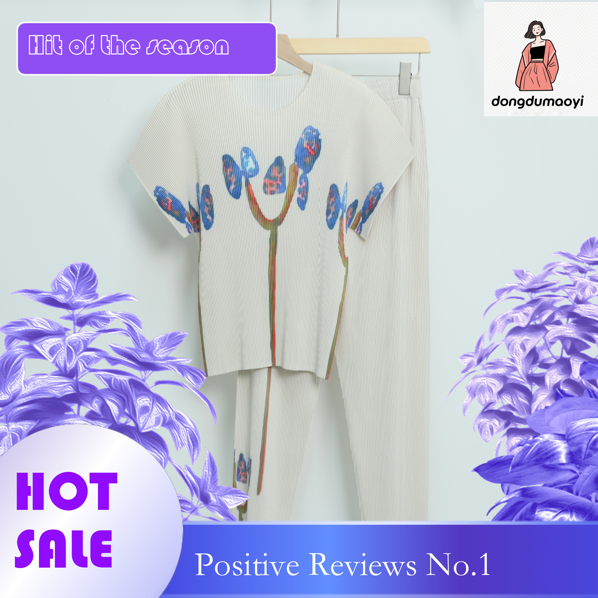 dongdumaoyi High end pleated set, summer printed short sleeved T-shirt, flowing Western style straight leg pants, stylish commuting two-piece set