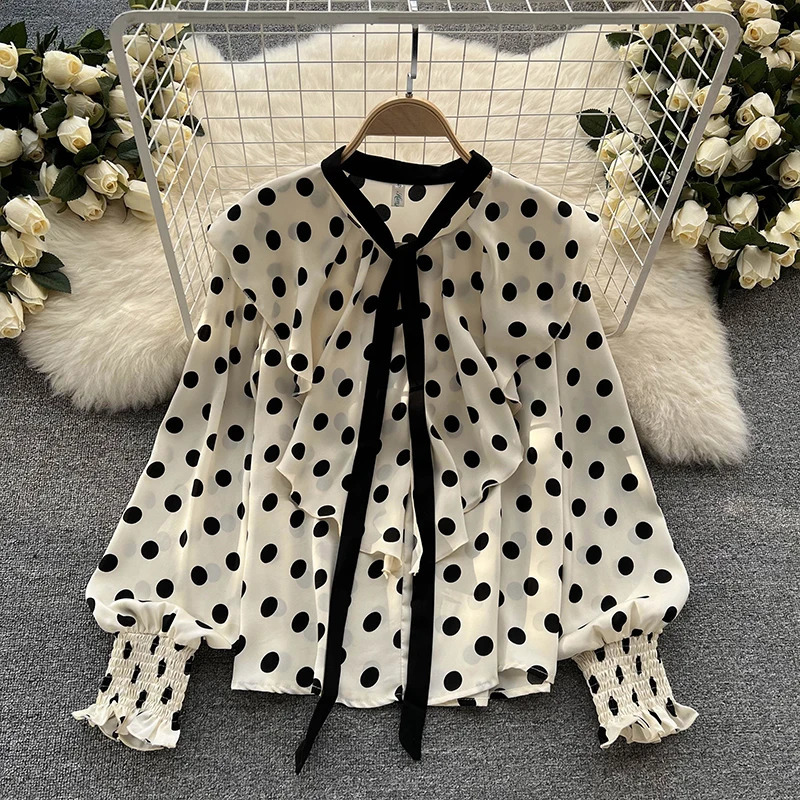 HELIAR Women Elegant Office Chiffon Shirts Polka Dot Printed Long Sleeve Blouse Ruffles Sweet Tops Casual Thin Harajuku Tees 250514
