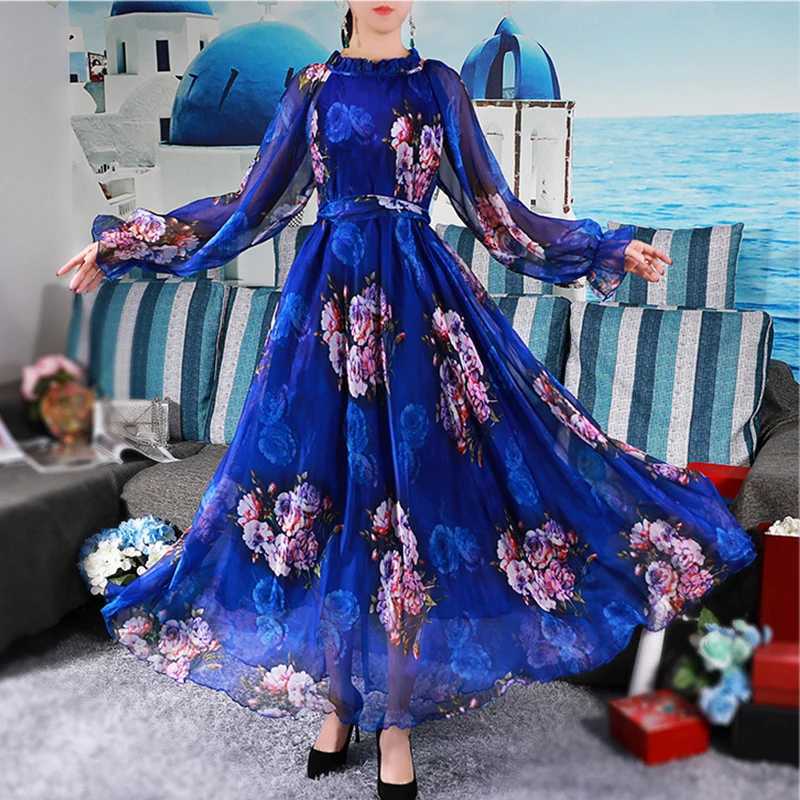 Vibrant Floral Maxi Dress Plus Size Summer Casual Bohemian Chiffon Beach Holiday Bangkok Dress Woman Full Length Abayas Robes X250514
