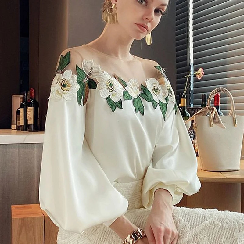 Elegant Mesh Patchwork Satin Blouse ed Shirt Oneck Tops Spring Long Lantern Sleeve Womens Clothes 24976 250514