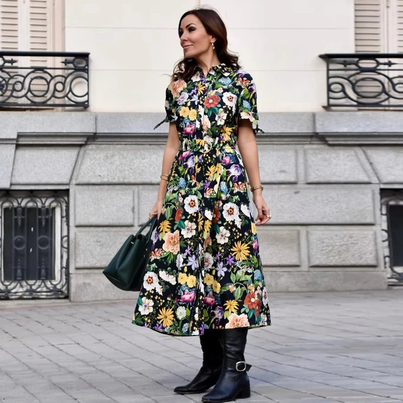 TRAF Floral Long Dresses for Women Belt Draped Midi Dress Woman Vintage Shirt Short Sleeve Womens Summer 250514