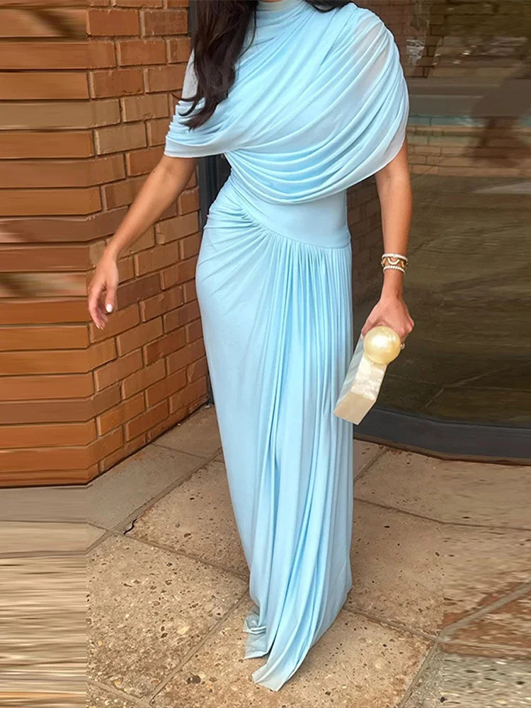 Blue Pleated Shawl Maxi Dress Women Elegant Short Sleeve Slim Fit Evening Party Robe Spring Summer Chic Solid Vestidos 250514