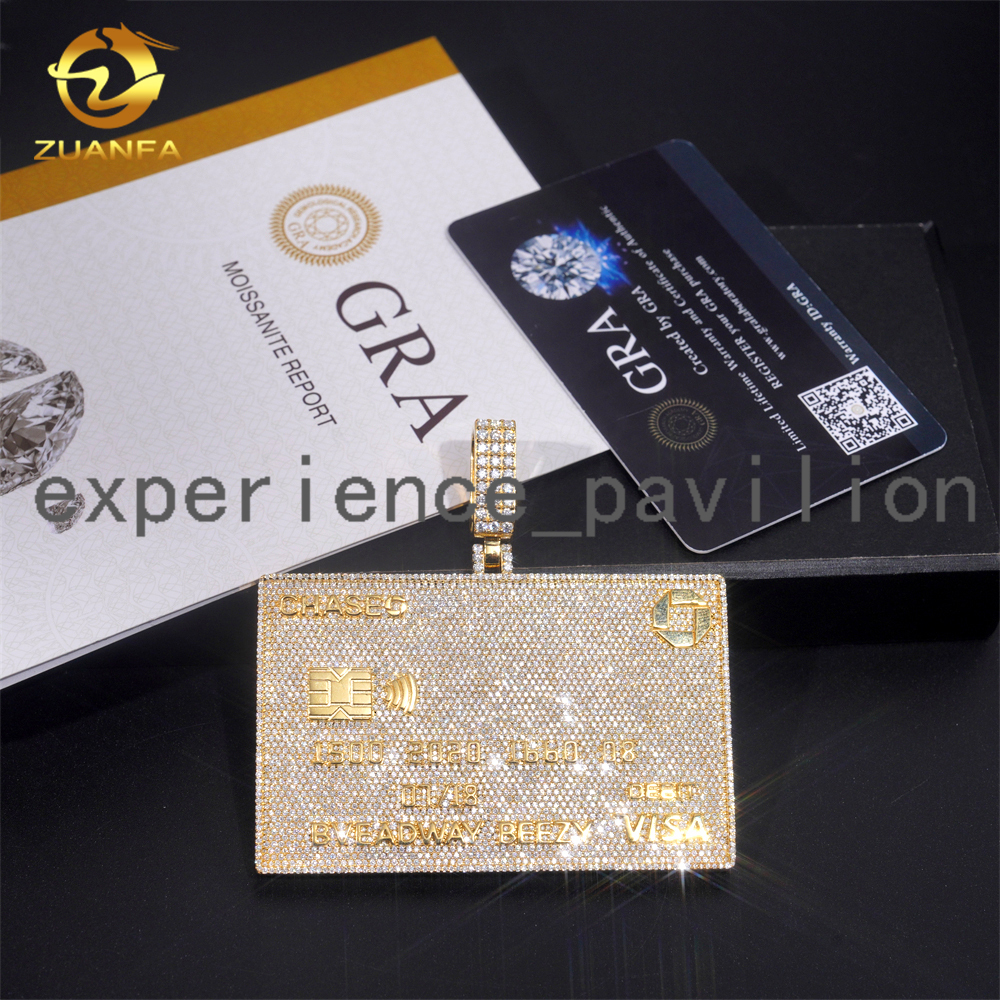 Ready to Ship Hot Sale Credit Card Pendant Sterling Silver Gold Plated GRA Certificate Moissanite Pendant Hip Hop Jewelry