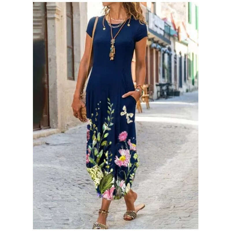 Women Clothes Dress New Women S Round Neck Pocket Short Sleeve Fashion Print Dress KQ