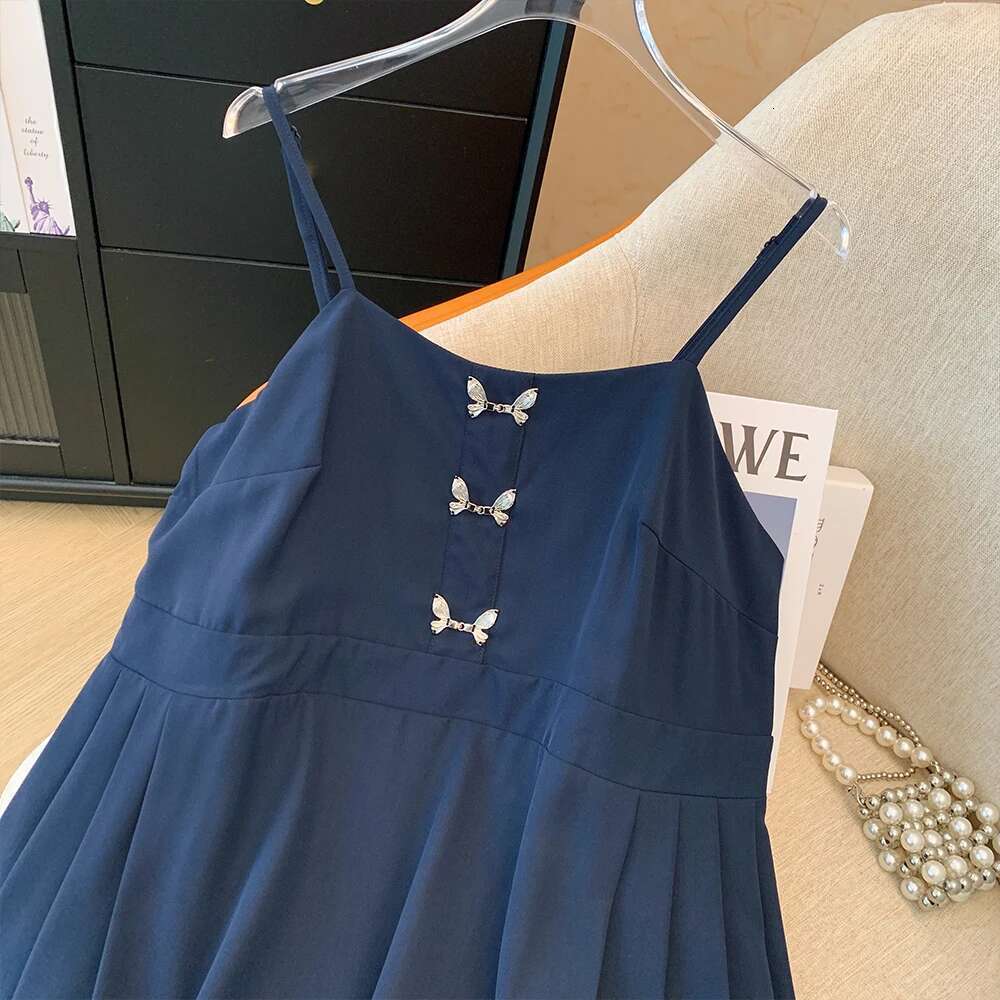 Plus-size Women's summer casual commuting comfort Slip dark blue solid color chiffon waist A-line bow loose skirt