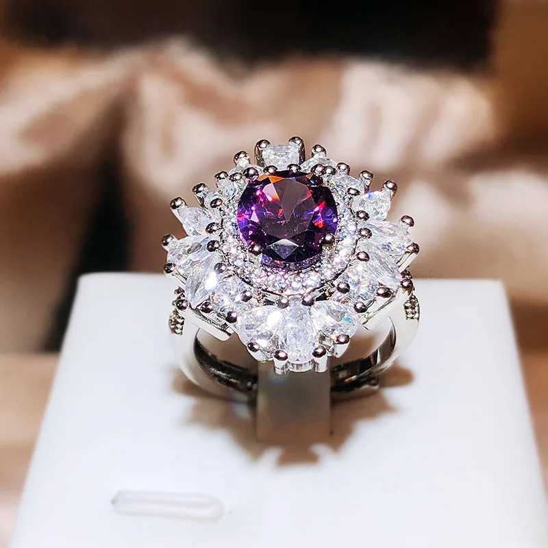 925 Silver New Model Amethyst Opening Ring Female Bling Long Pillow She Deep Purple Zircon Full Diamond Ring Bridal GiftXJ250514