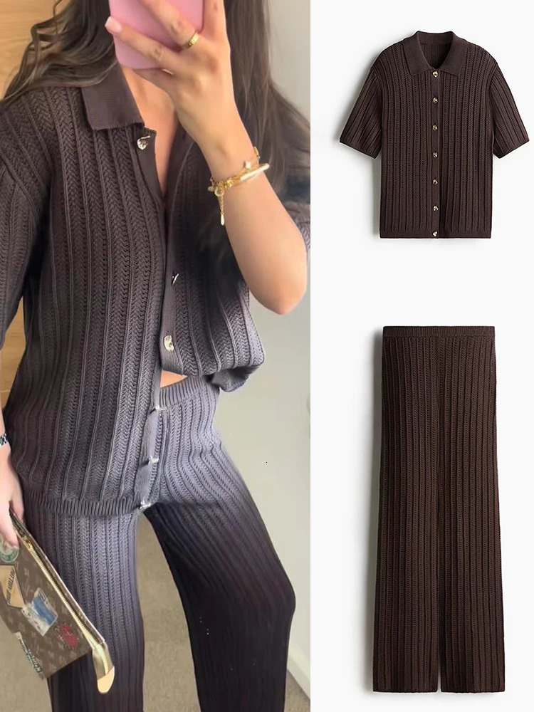 Brown Knit Pants Sets Women Hollow Out Lapel Half Sleeve Cardigan Wide Leg Trousers Suit 2025 Summer Lady Beach 2 Pieces Outfits 250513