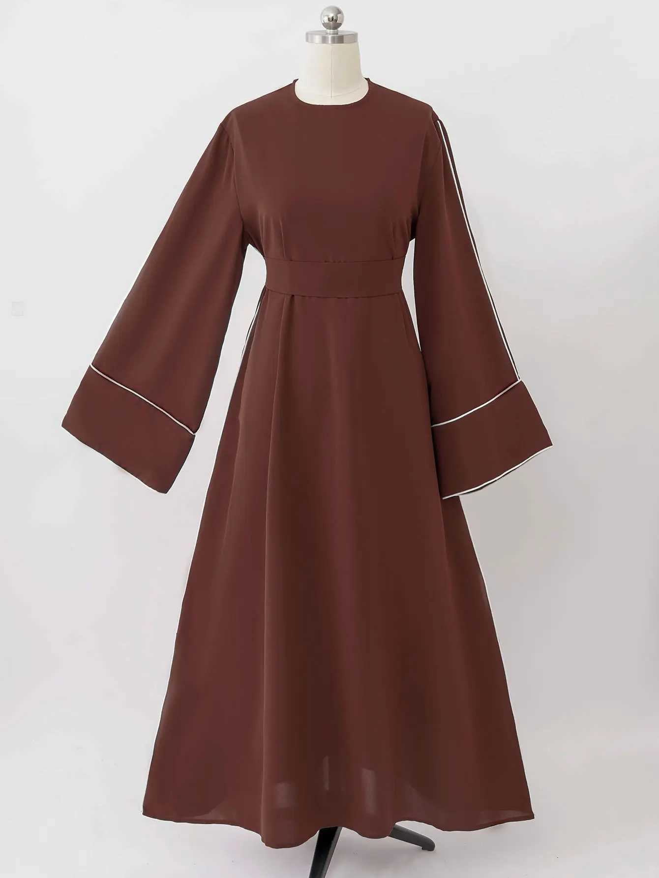 Islamic Brown Muslim Abaya Belted Waist Cuff Design Ideal for Ramadan Celebrations in UAE Dubai and Middle East Daily Modest X250514