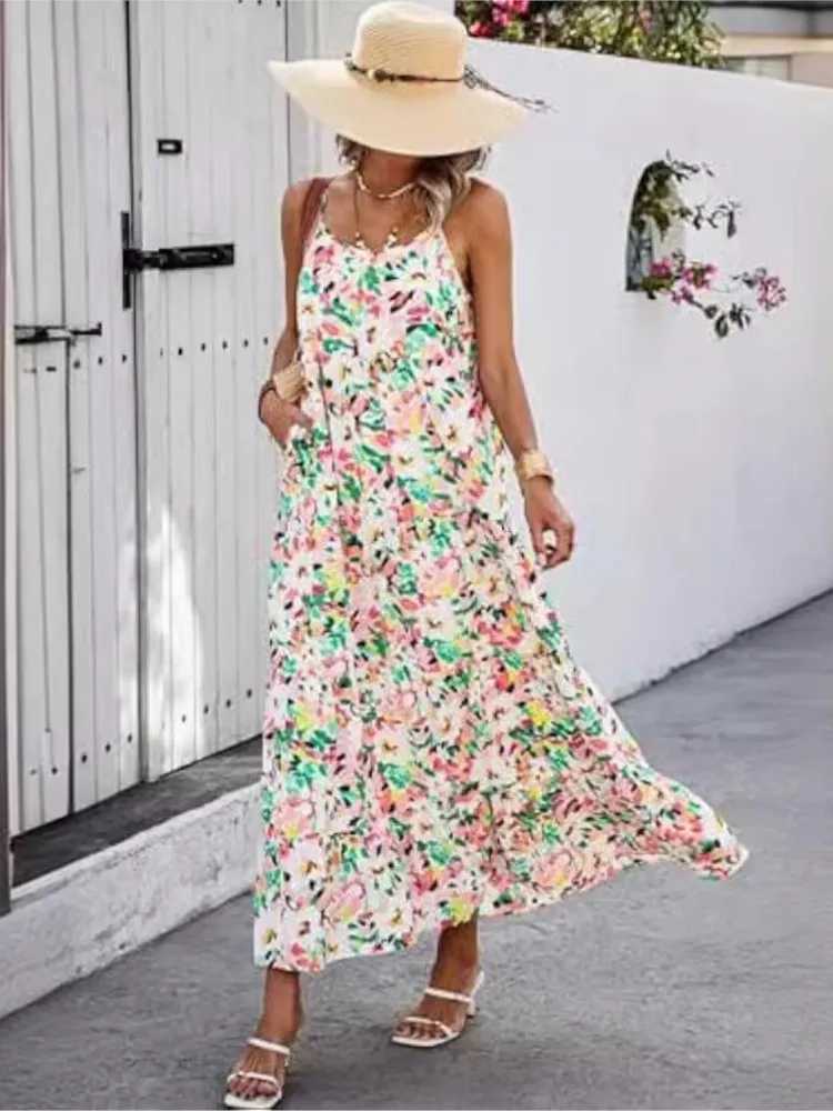 Tie Dye Print Spaghetti Strap Dresses Women Bohemian Style Loose Backless Vacation Beach Long Dress Female Fashion StreetwearXJ250514