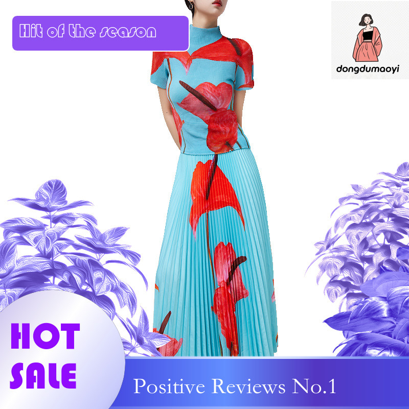 dongdumaoyi Miyake skirt design, niche texture, t-shirt, plant flower mid length skirt, two-piece set, women's clothing