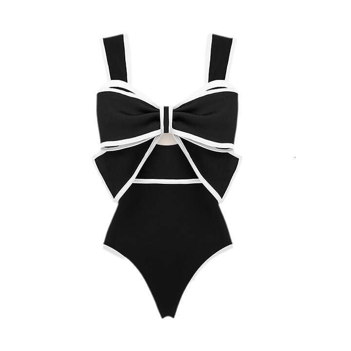 Hot selling retro conservative small fragrance Ins European American solid color bow one-piece swimsuit 2025 new style chic and elegant clothing
