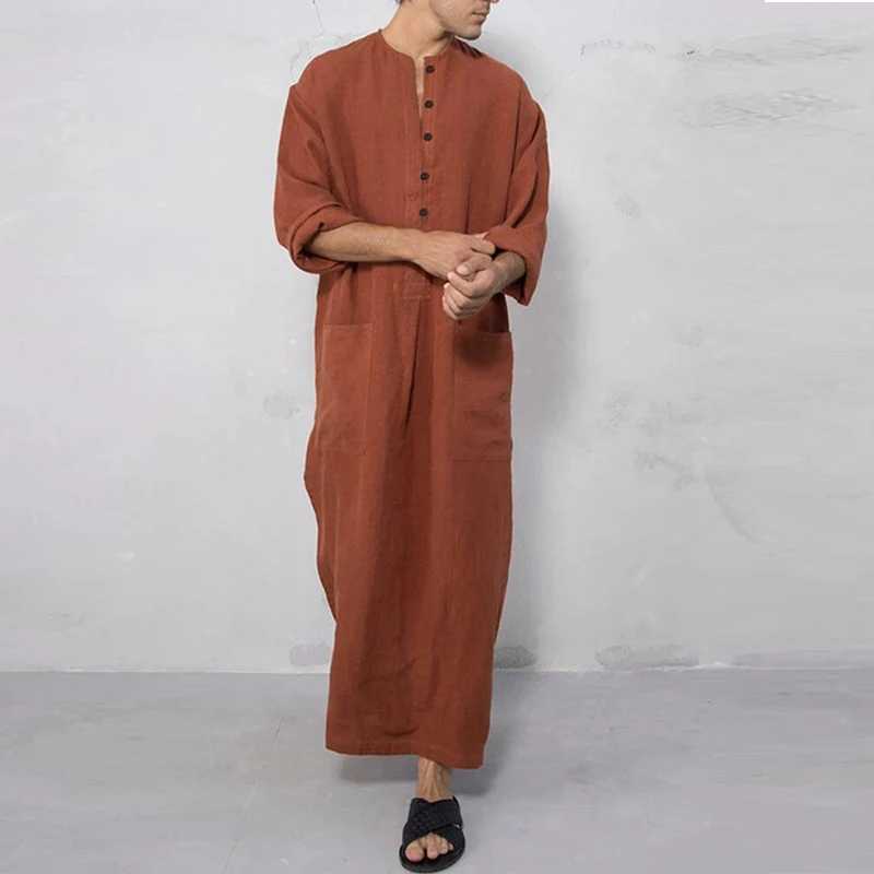 Mens Muslim Robes Solid Color Long Sleeve Cotton Pockets Robes Button-down Leisure Vintage Islamic Arab Kaftan Dubai Male New X250514