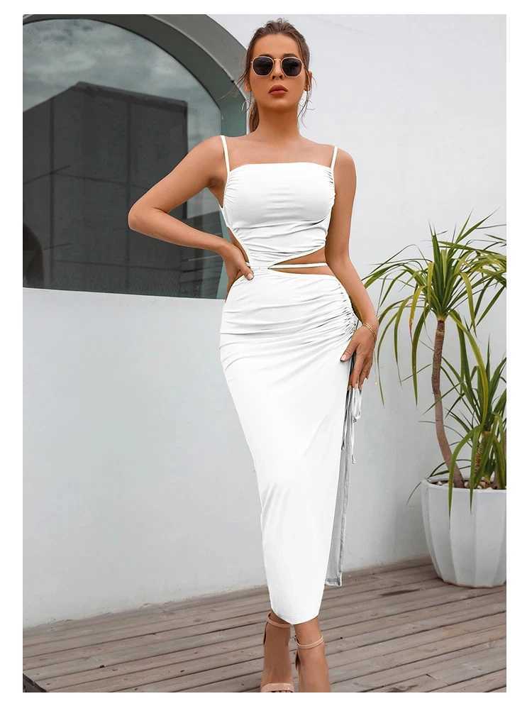 Spaghetti Strap Bodycon Midi Dress Womens Elegant Sleeveless Sexy Party Club Dresses Fashion Nightout Outfit Clubwear DressXJ250514