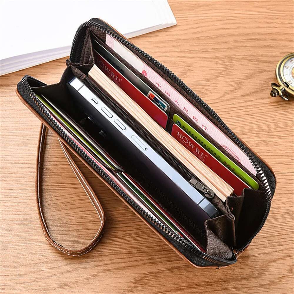 Men's PU Leather Long Wallet Large Capacity Phone Multi Card Business Clutch Bags Male Travel Zipper Coin Purses