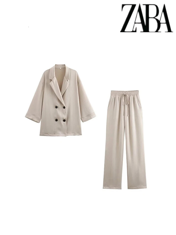 TRAF Womens Solid Color Casual Set Double Chest Collar Jacket High Waist Wide Leg Pants Two Piece 250530