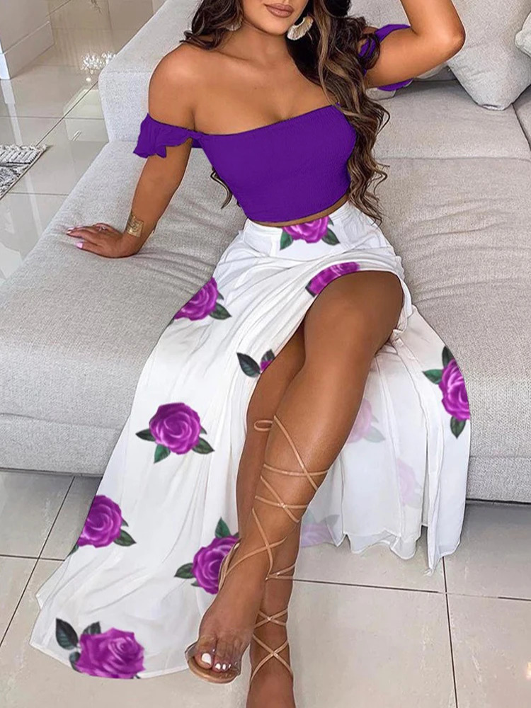 2-Piece Boho Chic Ensemble Off-Shoulder Smocked Tube Top Floral High-Waist Split Maxi Skirt Summer Women Casual Wear Dress Sets 250513