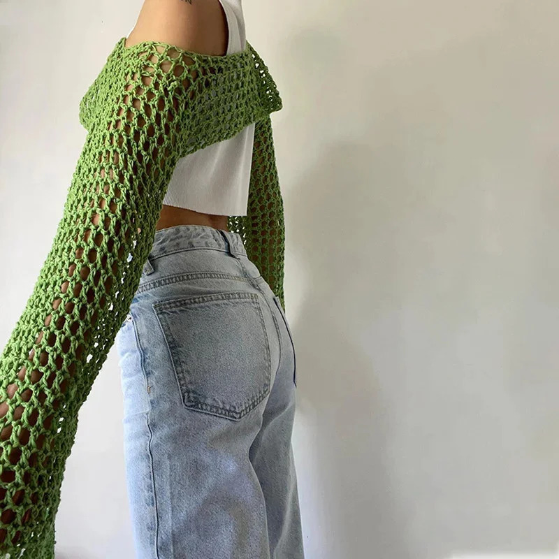 Summer Green Long Sleeve Smock Knitted Crop Top Women Y2k Beach Sexy Backless Hollow Out Party Blouse Shirts 250514