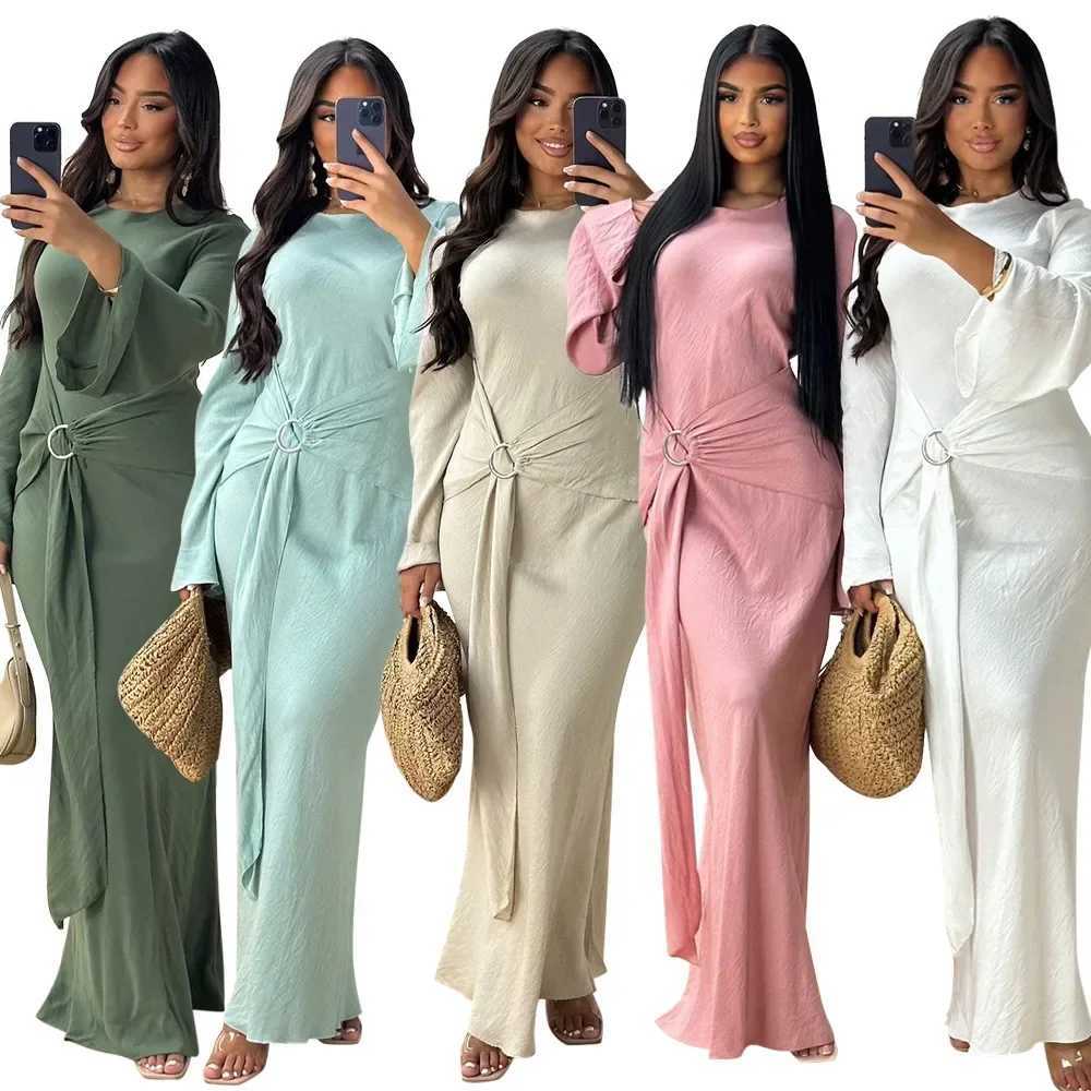 Eid Mubarak Dubai Women Bodycon Abayas Maxi Dress Belt Muslim Islam Clothing Jalabiya Turkey Kaftan Marocain Femme Vestido Gowns X250514