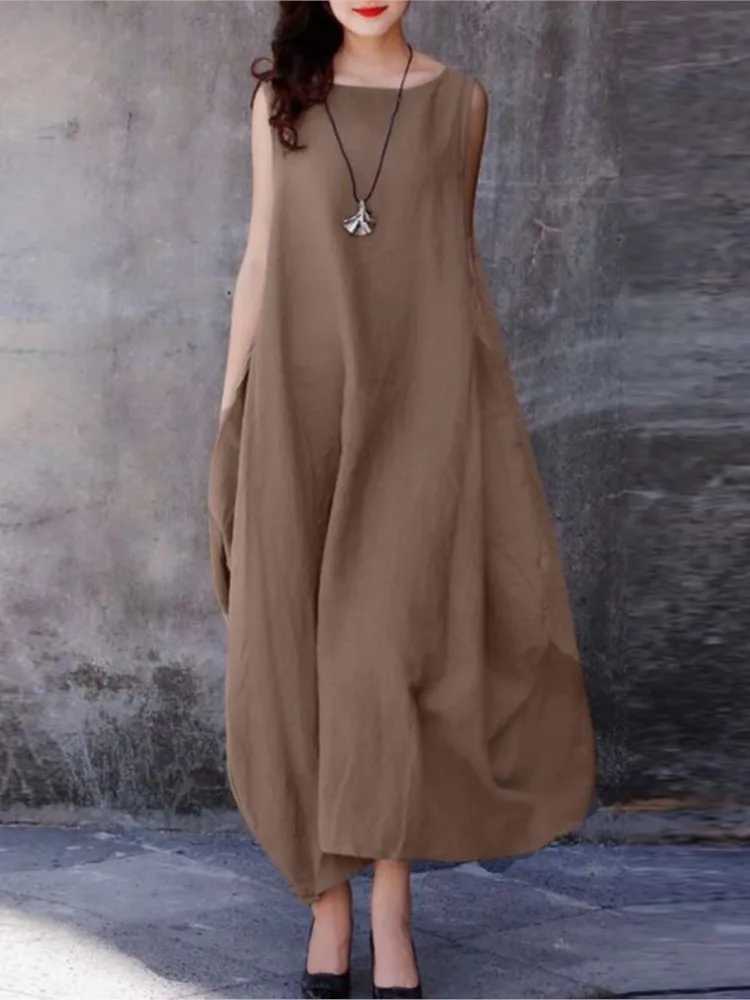 Fashion Solid Color Sleeveless Long Dresses Women Spring Summer New Simple Style Pocket Loose Big Hem Dress Lady Trendy DressesXJ250514
