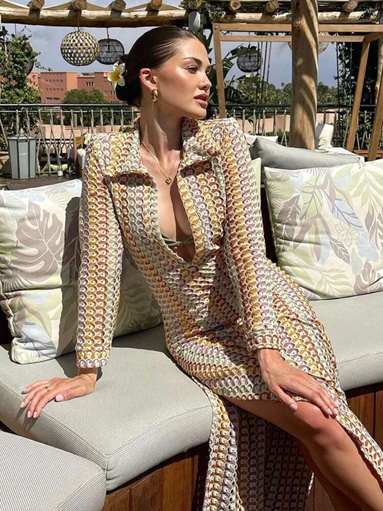 2025 Women's Elegant Crochet Sexy See Through Bodycon Maxi Dress Long Sleeve Cover-Ups Knitted Beach Swimsuit Cover Up A2819