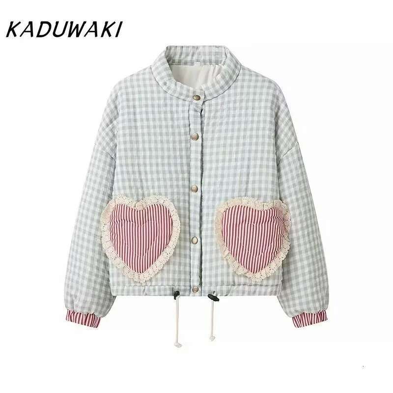 KADUWAKI Korean Lovely Loose Heart Patterned Parkas Spring Long Sleeve Quilted Cotton Padded Jacket Coats Female Cute Outerwear
