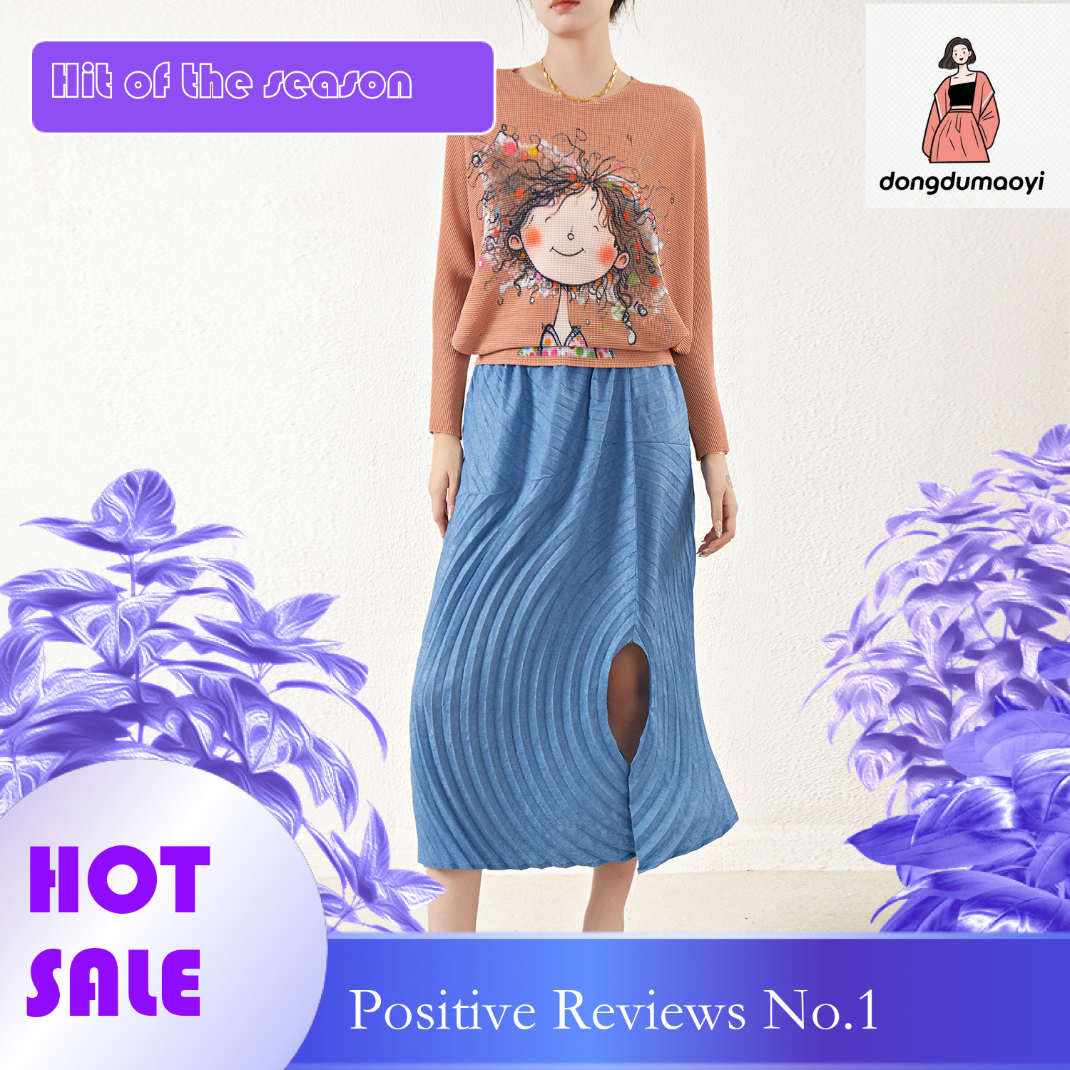 dongdumaoyi Miyake high-end printed pleated top for spring autumn, new large size, loose lazy, versatile, stylish and slimming t-shirt