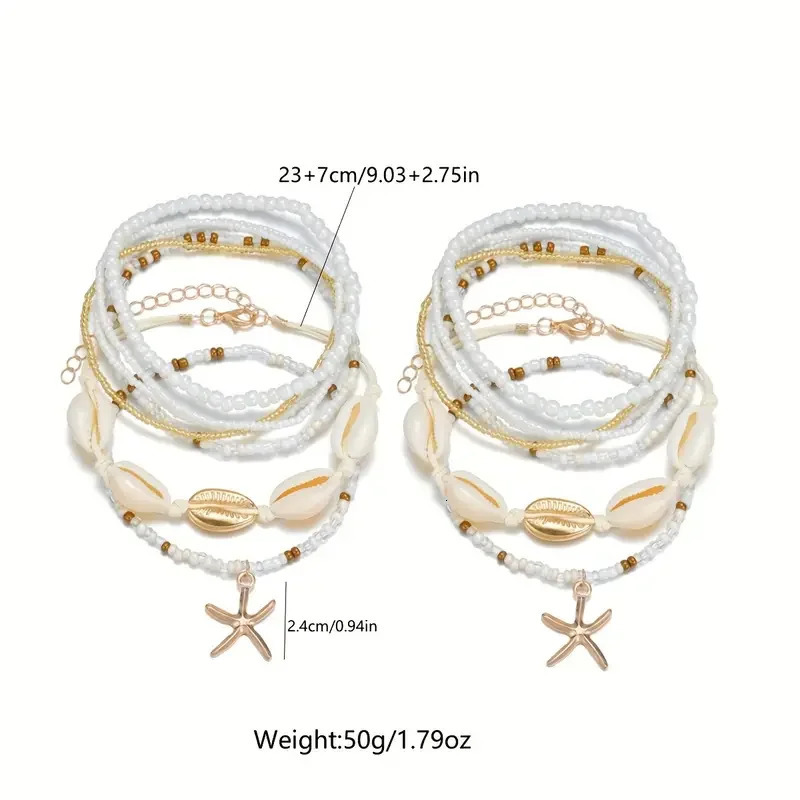7/14pcs Bohemian Beaded Anklet Set for Women Summer Starfish Shell Charms Multi-Layer Beach Foot Bracelets Daily Wear Jewelry 250513