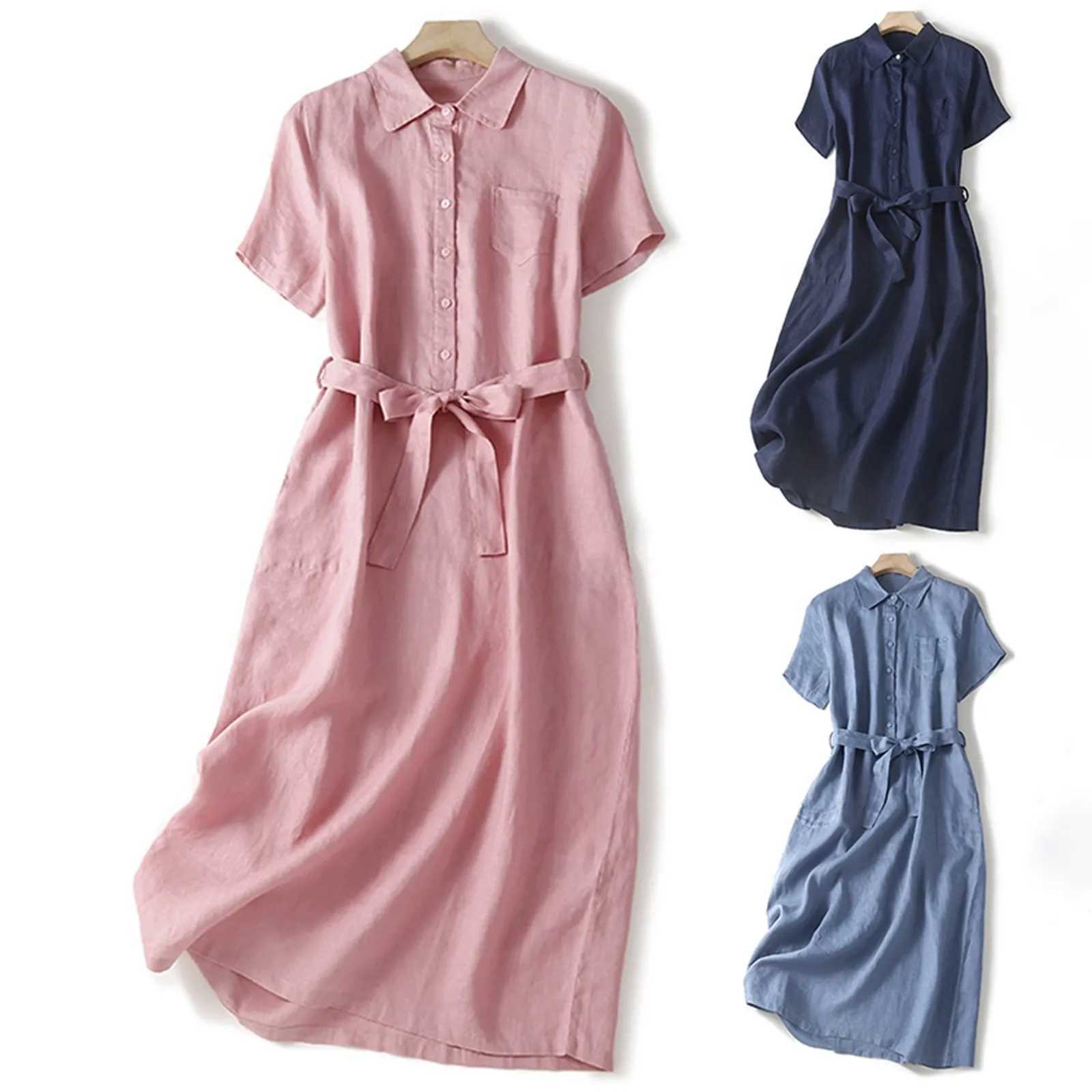 Vintage Cotton Linen Shirt Dress For Women Solid Plus Size Casual Long Dresses Ladies Slim A Line Tunic Dress Outfits For SummerXJ250514