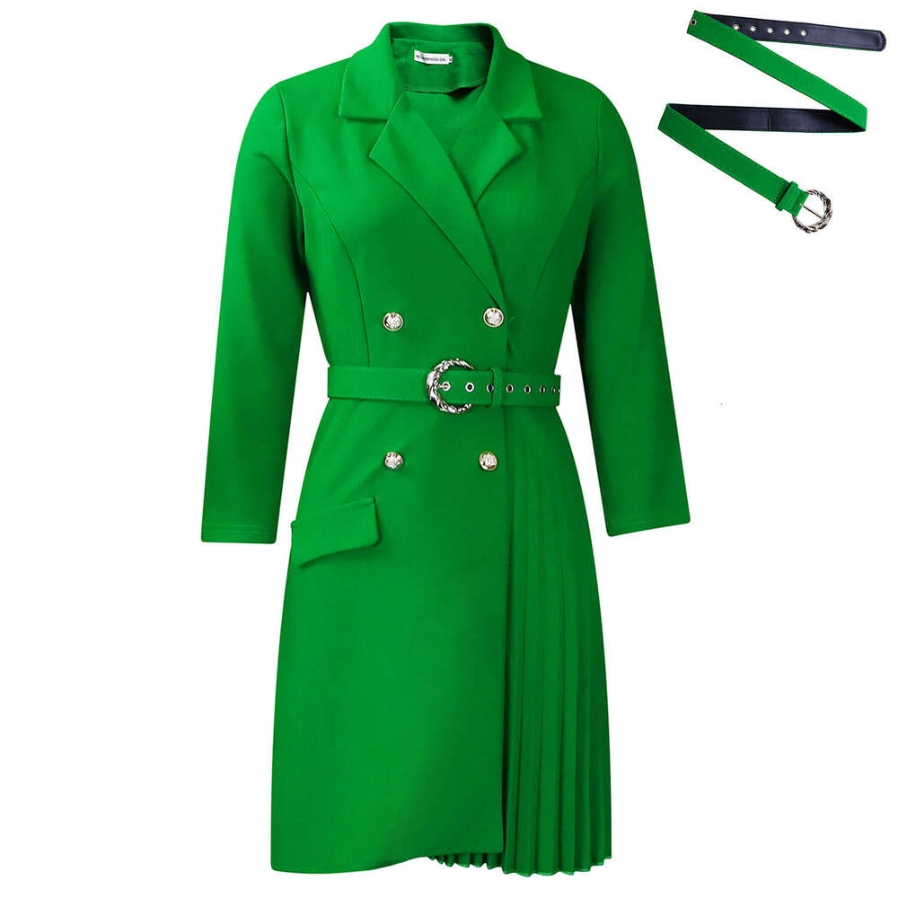 Women's Wear New High Waisted Fashionable Cinching Waist Pleating Splicing Mid Length Suit Dress