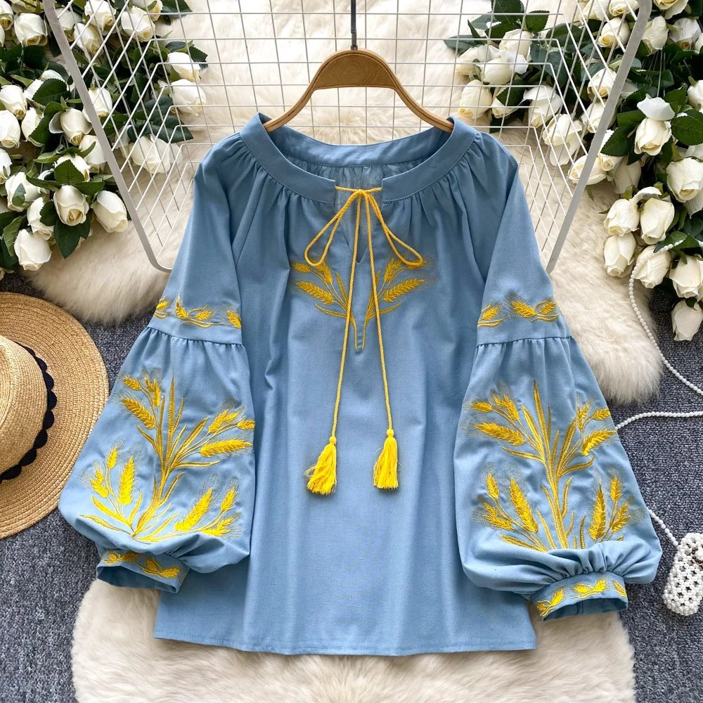 Neploe Vintage Heavy Ethnic Style Panelled Shirt Lace Up O Neck Embroidery Lantern Blouses Western Loose Casual All-match Blusas 250513
