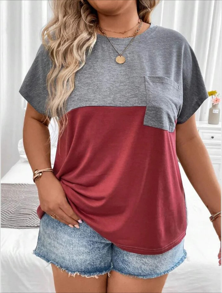 Plus Size European and American Cross Border Womens Loose Short Sleeve Patchwork Pocket Tshirt Top 250514