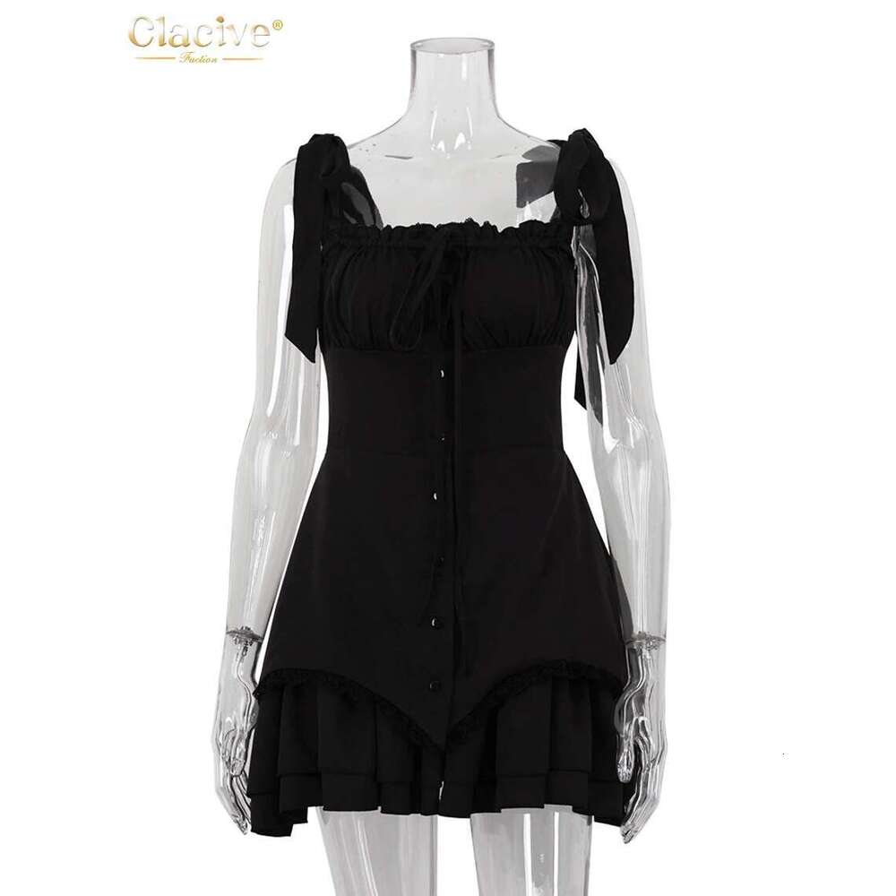 Clacive Fashion Slim Black Women's Summer Strap Sleeveless Mini Dress Elegant High Waist Pleated Party Dresses Female